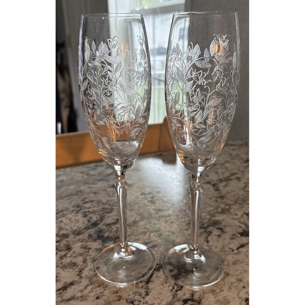 Minton Haddon Hall floral leaf champagne flutes Etched Glass